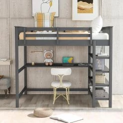 Gray Full Size Loft Bed with Desk and Storage Shelves, Wood Full Loft Bed Frame with Bookcase and Guard Rail for Kids by ANBAZAR