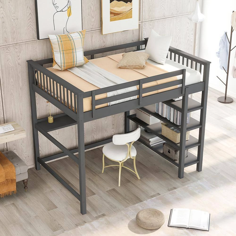 Gray Full Size Loft Bed with Desk and Storage Shelves, Wood Full Loft Bed Frame with Bookcase and Guard Rail for Kids by ANBAZAR 3 Gray Full Size Loft Bed with Desk and Storage Shelves, Wood Full Loft Bed Frame with Bookcase and Guard Rail for Kids by ANBAZAR - Image 3