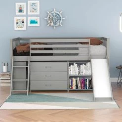 Gray Twin Low Loft Bed with 2 Bookcases and 3-Tier Drawers, Wood Kids Loft Bed Frame with Convertible Ladder and Slide by ANBAZAR
