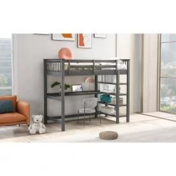 Gray Wood Twin Size Loft Bed with L-Shape Desk and Ladder, Twin Kids Loft Bed Frame with Under-bed Desk and Shelves by ANBAZAR -ANBAZAR Sales gray anbazar loft beds 01101anna e 31 1000