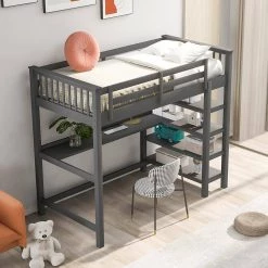 Gray Wood Twin Size Loft Bed with L-Shape Desk and Ladder, Twin Kids Loft Bed Frame with Under-bed Desk and Shelves by ANBAZAR -ANBAZAR Sales gray anbazar loft beds 01101anna e 4f 1000