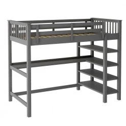 Gray Wood Twin Size Loft Bed with L-Shape Desk and Ladder, Twin Kids Loft Bed Frame with Under-bed Desk and Shelves by ANBAZAR -ANBAZAR Sales gray anbazar loft beds 01101anna e fa 1000