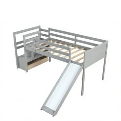 Gray Low Profile Twin Size Kids Loft Bed with Slide and Drawer, Wood Loft Bed Frame with Storage Shelf and Staircases by ANBAZAR 14 Gray Low Profile Twin Size Kids Loft Bed with Slide and Drawer, Wood Loft Bed Frame with Storage Shelf and Staircases by ANBAZAR -ANBAZAR Sales gray anbazar loft beds 01575anna e 44 1000