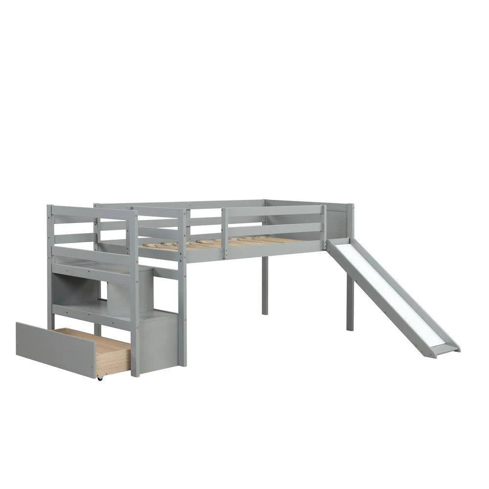 Gray Low Profile Twin Size Kids Loft Bed with Slide and Drawer, Wood Loft Bed Frame with Storage Shelf and Staircases by ANBAZAR 8 Gray Low Profile Twin Size Kids Loft Bed with Slide and Drawer, Wood Loft Bed Frame with Storage Shelf and Staircases by ANBAZAR - Image 8