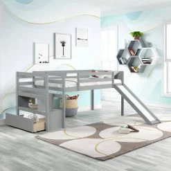 Gray Low Profile Twin Size Kids Loft Bed with Slide and Drawer, Wood Loft Bed Frame with Storage Shelf and Staircases by ANBAZAR 11 Gray Low Profile Twin Size Kids Loft Bed with Slide and Drawer, Wood Loft Bed Frame with Storage Shelf and Staircases by ANBAZAR -ANBAZAR Sales gray anbazar loft beds 01575anna e c3 1000