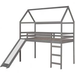 Gray Wood Twin Size Loft Bed Frame with Slide and Ladder, Twin Kids House-shaped Loft Bed with Roof and Guardrail by ANBAZAR -ANBAZAR Sales gray anbazar loft beds 01825anna e 44 1000