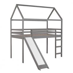 Gray Wood Twin Size Loft Bed Frame with Slide and Ladder, Twin Kids House-shaped Loft Bed with Roof and Guardrail by ANBAZAR -ANBAZAR Sales gray anbazar loft beds 01825anna e 4f 1000