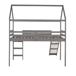 Gray Wood Twin Size Loft Bed Frame with Slide and Ladder, Twin Kids House-shaped Loft Bed with Roof and Guardrail by ANBAZAR -ANBAZAR Sales gray anbazar loft beds 01825anna e 76 1000
