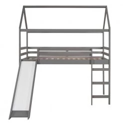 Gray Wood Twin Size Loft Bed Frame with Slide and Ladder, Twin Kids House-shaped Loft Bed with Roof and Guardrail by ANBAZAR -ANBAZAR Sales gray anbazar loft beds 01825anna e c3 1000