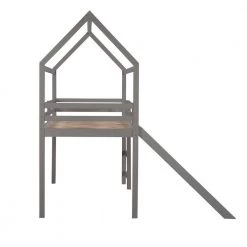 Gray Wood Twin Size Loft Bed Frame with Slide and Ladder, Twin Kids House-shaped Loft Bed with Roof and Guardrail by ANBAZAR -ANBAZAR Sales gray anbazar loft beds 01825anna e fa 1000