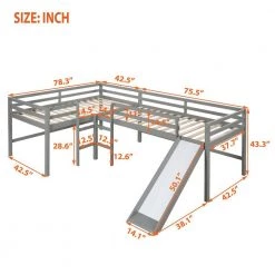 Gray Twin Size L-Shaped Two Kids Loft Beds with Slide and Built-in Ladders, Wood Kids Loft Bed Frame with Guard Rail by ANBAZAR -ANBAZAR Sales gray anbazar loft beds 01850anna e 1f 1000