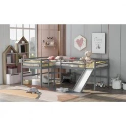Gray Twin Size L-Shaped Two Kids Loft Beds with Slide and Built-in Ladders, Wood Kids Loft Bed Frame with Guard Rail by ANBAZAR -ANBAZAR Sales gray anbazar loft beds 01850anna e 31 1000