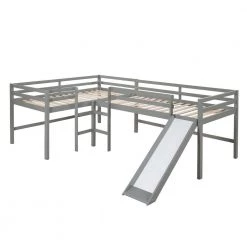 Gray Twin Size L-Shaped Two Kids Loft Beds with Slide and Built-in Ladders, Wood Kids Loft Bed Frame with Guard Rail by ANBAZAR -ANBAZAR Sales gray anbazar loft beds 01850anna e 4f 1000