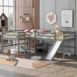 Gray Twin Size L-Shaped Two Kids Loft Beds with Slide and Built-in Ladders, Wood Kids Loft Bed Frame with Guard Rail by ANBAZAR