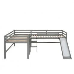 Gray Twin Size L-Shaped Two Kids Loft Beds with Slide and Built-in Ladders, Wood Kids Loft Bed Frame with Guard Rail by ANBAZAR -ANBAZAR Sales gray anbazar loft beds 01850anna e c3 1000