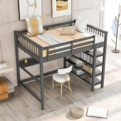 Grey Full Loft Bed, Wood Full Loft Bed Frame with Storage Shelves and Under-Bed Desk, No Box Spring Needed by ANBAZAR -ANBAZAR Sales gray anbazar loft beds wkx181 gy 40 1000
