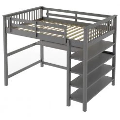 Grey Full Loft Bed, Wood Full Loft Bed Frame with Storage Shelves and Under-Bed Desk, No Box Spring Needed by ANBAZAR -ANBAZAR Sales gray anbazar loft beds wkx181 gy 4f 1000