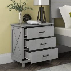Modern Solid Wood 3-Drawers Gray Nightstand Bedside Table End Side Table, Perfect for Bedroom Living Room by ANBAZAR