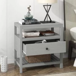 Gray Modern 1-Drawer Rectangle Nightstand 26.2''L*15''W*26.5''H with 2 Shelves, Wooden Nightstand Side Table End Table by ANBAZAR
