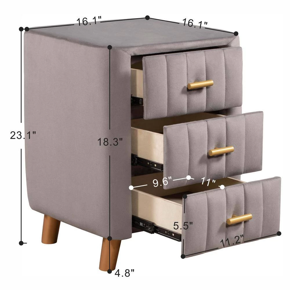 3-Drawer Gray Modern Upholstered Nightstand Wood Side End Table with Tufted Drawers 16.1 in. L x 16.1 in. W x 23.1 in. H by ANBAZAR 5 3-Drawer Gray Modern Upholstered Nightstand Wood Side End Table with Tufted Drawers 16.1 in. L x 16.1 in. W x 23.1 in. H by ANBAZAR - Image 5
