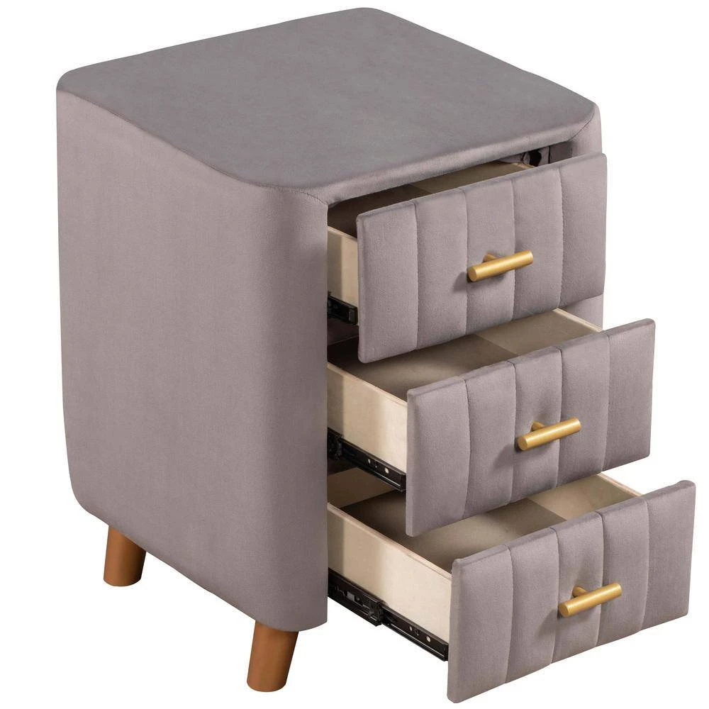 3-Drawer Gray Modern Upholstered Nightstand Wood Side End Table with Tufted Drawers 16.1 in. L x 16.1 in. W x 23.1 in. H by ANBAZAR 6 3-Drawer Gray Modern Upholstered Nightstand Wood Side End Table with Tufted Drawers 16.1 in. L x 16.1 in. W x 23.1 in. H by ANBAZAR - Image 6