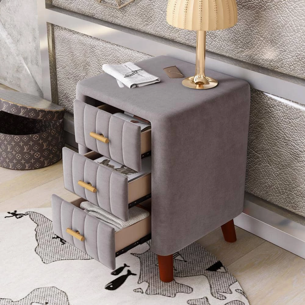 3-Drawer Gray Modern Upholstered Nightstand Wood Side End Table with Tufted Drawers 16.1 in. L x 16.1 in. W x 23.1 in. H by ANBAZAR 1 3-Drawer Gray Modern Upholstered Nightstand Wood Side End Table with Tufted Drawers 16.1 in. L x 16.1 in. W x 23.1 in. H by ANBAZAR