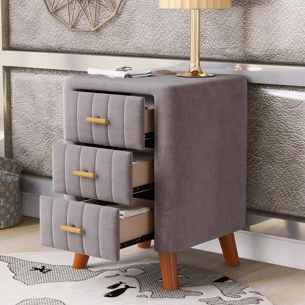 3-Drawer Gray Modern Upholstered Nightstand Wood Side End Table with Tufted Drawers 16.1 in. L x 16.1 in. W x 23.1 in. H by ANBAZAR 2 3-Drawer Gray Modern Upholstered Nightstand Wood Side End Table with Tufted Drawers 16.1 in. L x 16.1 in. W x 23.1 in. H by ANBAZAR - Image 2