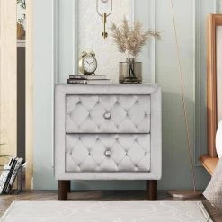 23.6"H x 16"W x 20"L Upholstered Wooden Nightstands with two drawers, bedside table with velvet fabric for bedroom-Gray by ANBAZAR -ANBAZAR Sales gray anbazar nightstands d 001053 g 31 1000