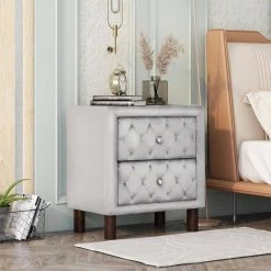 23.6"H x 16"W x 20"L Upholstered Wooden Nightstands with two drawers, bedside table with velvet fabric for bedroom-Gray by ANBAZAR -ANBAZAR Sales gray anbazar nightstands d 001053 g c3 1000