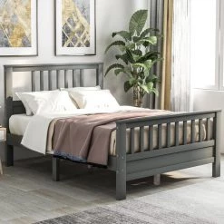 Full Bed Frame, Platform Wood Bed Frame with Headboard, No Box Spring Needed (Grey, Full) by ANBAZAR