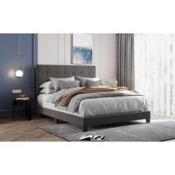 64.3 in. Width Gray Queen Size Wood Linen Fabric Upholstered Platform Bed with Tufted Headboard, Box Spring Needed by ANBAZAR -ANBAZAR Sales gray anbazar platform beds 00600anna 31 1000