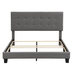 64.3 in. Width Gray Queen Size Wood Linen Fabric Upholstered Platform Bed with Tufted Headboard, Box Spring Needed by ANBAZAR