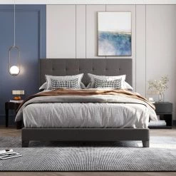 64.3 in. Width Gray Queen Size Wood Linen Fabric Upholstered Platform Bed with Tufted Headboard, Box Spring Needed by ANBAZAR -ANBAZAR Sales gray anbazar platform beds 00600anna c3 1000
