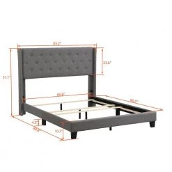 Gray Queen Size 65.30 in. W Wood Linen Upholstered Platform Bed Frame with Tufted Headboard, Box Spring Required by ANBAZAR -ANBAZAR Sales gray anbazar platform beds 00662anna 1f 1000