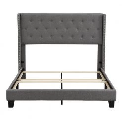 Gray Queen Size 65.30 in. W Wood Linen Upholstered Platform Bed Frame with Tufted Headboard, Box Spring Required by ANBAZAR