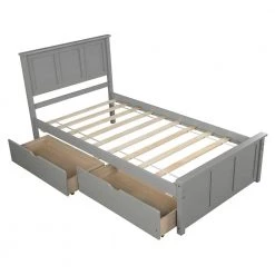 Twin Size 42 in. Gray Platform Bed with 2 Drawers, Twin Kids Adult Bed Frame with Headboard and Strong Slats Support by ANBAZAR