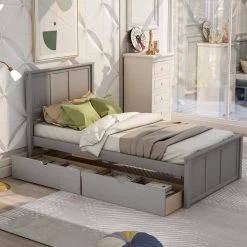 Twin Size 42 in. Gray Platform Bed with 2 Drawers, Twin Kids Adult Bed Frame with Headboard and Strong Slats Support by ANBAZAR -ANBAZAR Sales gray anbazar platform beds 00994anna 76 1000