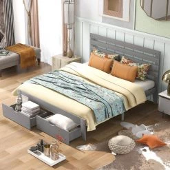 Queen Size 61 in. W Gray Platform Bed with 2 Drawers, Wood Frame Queen Adult Platform Bed Frame with Headboard by ANBAZAR -ANBAZAR Sales gray anbazar platform beds 00996anna 31 1000