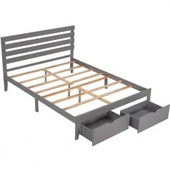 Queen Size 61 in. W Gray Platform Bed with 2 Drawers, Wood Frame Queen Adult Platform Bed Frame with Headboard by ANBAZAR