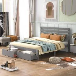 Queen Size 61 in. W Gray Platform Bed with 2 Drawers, Wood Frame Queen Adult Platform Bed Frame with Headboard by ANBAZAR -ANBAZAR Sales gray anbazar platform beds 00996anna c3 1000