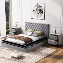 Gray Full Size Upholstered Platform Bed with 2 Nightstands, Low Wooden Platform Bed with Large Storage Space on Bedsides by ANBAZAR