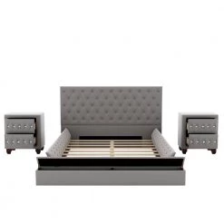 Gray Full Size Upholstered Platform Bed with 2 Nightstands, Low Wooden Platform Bed with Large Storage Space on Bedsides by ANBAZAR -ANBAZAR Sales gray anbazar platform beds 01708anna e c3 1000