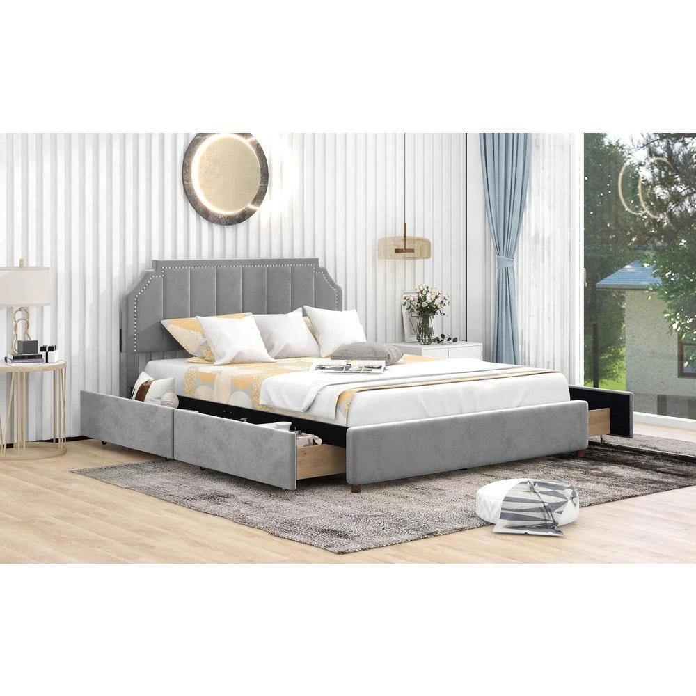 93.1 in. W Gray Wood Frame Queen Size Velvet Upholstery Platform Bed with Four Storage Drawers and Support Legs by ANBAZAR 9 93.1 in. W Gray Wood Frame Queen Size Velvet Upholstery Platform Bed with Four Storage Drawers and Support Legs by ANBAZAR - Image 9