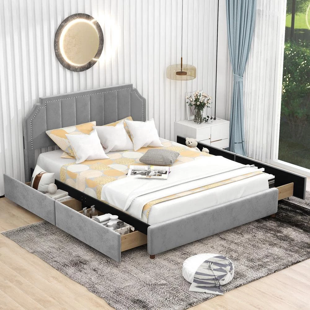 93.1 in. W Gray Wood Frame Queen Size Velvet Upholstery Platform Bed with Four Storage Drawers and Support Legs by ANBAZAR 1 93.1 in. W Gray Wood Frame Queen Size Velvet Upholstery Platform Bed with Four Storage Drawers and Support Legs by ANBAZAR