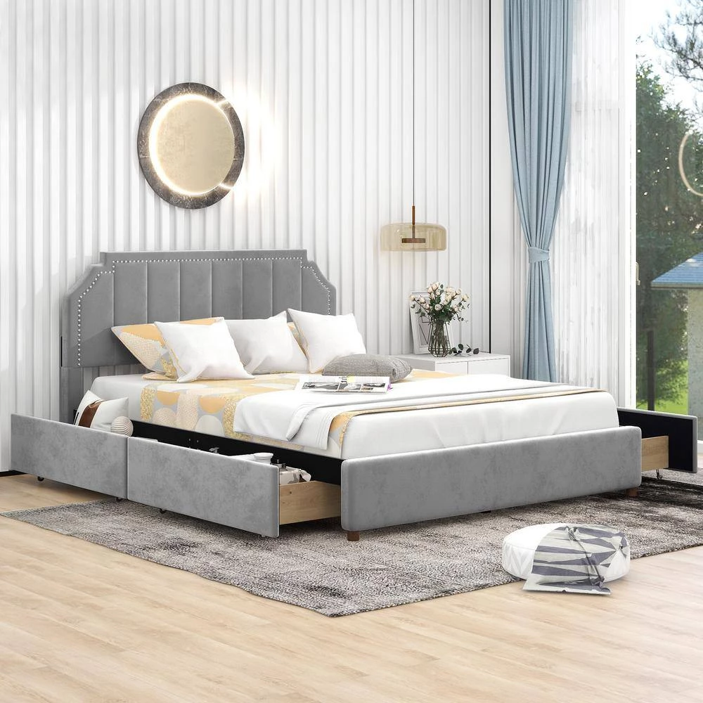93.1 in. W Gray Wood Frame Queen Size Velvet Upholstery Platform Bed with Four Storage Drawers and Support Legs by ANBAZAR 3 93.1 in. W Gray Wood Frame Queen Size Velvet Upholstery Platform Bed with Four Storage Drawers and Support Legs by ANBAZAR - Image 3