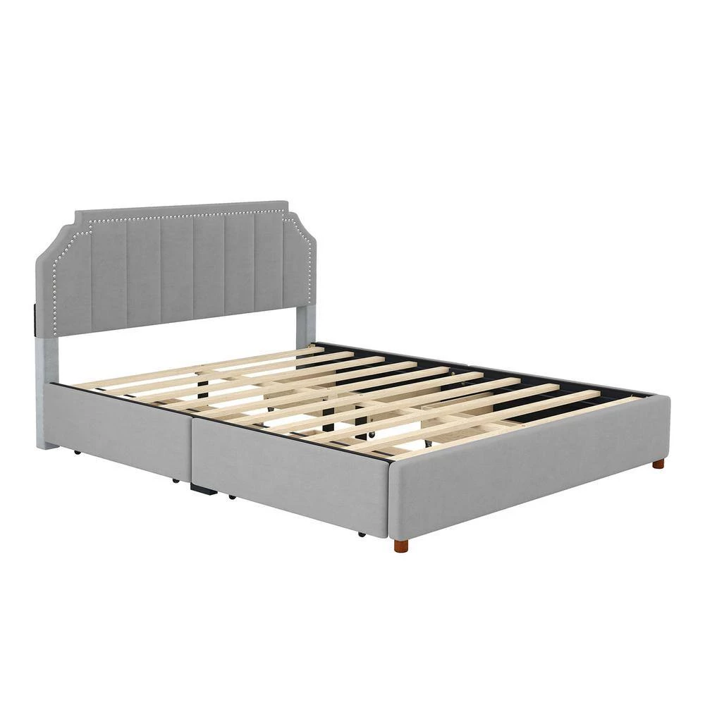 93.1 in. W Gray Wood Frame Queen Size Velvet Upholstery Platform Bed with Four Storage Drawers and Support Legs by ANBAZAR 7 93.1 in. W Gray Wood Frame Queen Size Velvet Upholstery Platform Bed with Four Storage Drawers and Support Legs by ANBAZAR - Image 7