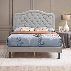 Upholstered Wood Frame Queen Size Platform Bed Button Tufted with Curve Design - Strong Wood Slat Support, Gray Velvet by ANBAZAR -ANBAZAR Sales gray anbazar platform beds d 001315 j 31 1000