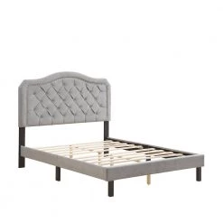 Upholstered Wood Frame Queen Size Platform Bed Button Tufted with Curve Design - Strong Wood Slat Support, Gray Velvet by ANBAZAR -ANBAZAR Sales gray anbazar platform beds d 001315 j 76 1000