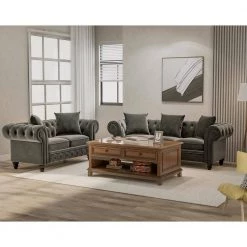 80" Roll Arm Tufted Velvet Couch, Loveseat Sofa & 3 Seat Sofa for Living Room, Chesterfield Sofa in Gray with 5 Pillows by ANBAZAR -ANBAZAR Sales gray anbazar sectional sofas wkx136 gy 40 1000