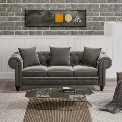 80" Roll Arm Tufted Velvet Couch, Loveseat Sofa & 3 Seat Sofa for Living Room, Chesterfield Sofa in Gray with 5 Pillows by ANBAZAR -ANBAZAR Sales gray anbazar sectional sofas wkx136 gy 44 1000